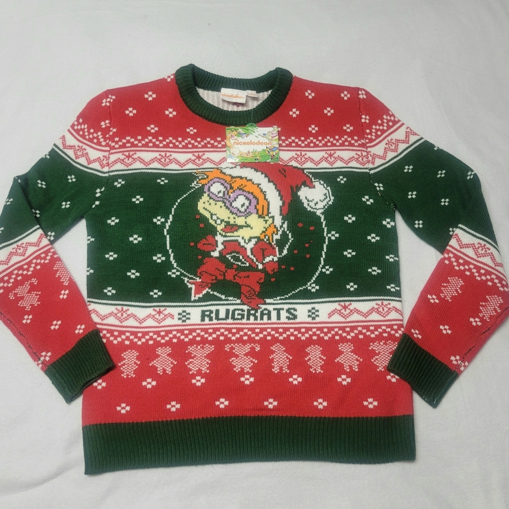 Rugrats AOP Knit Sweater Nickelodeon Chuckie Santa Hat TV Ugly Christmas Sz L
